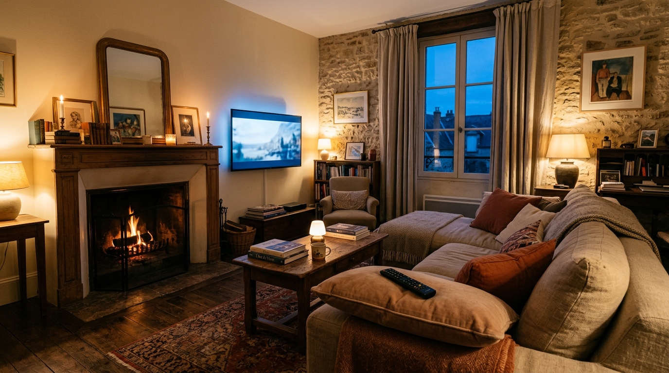 Salon cosy avec télévision allumée en soirée, ambiance chaleureuse