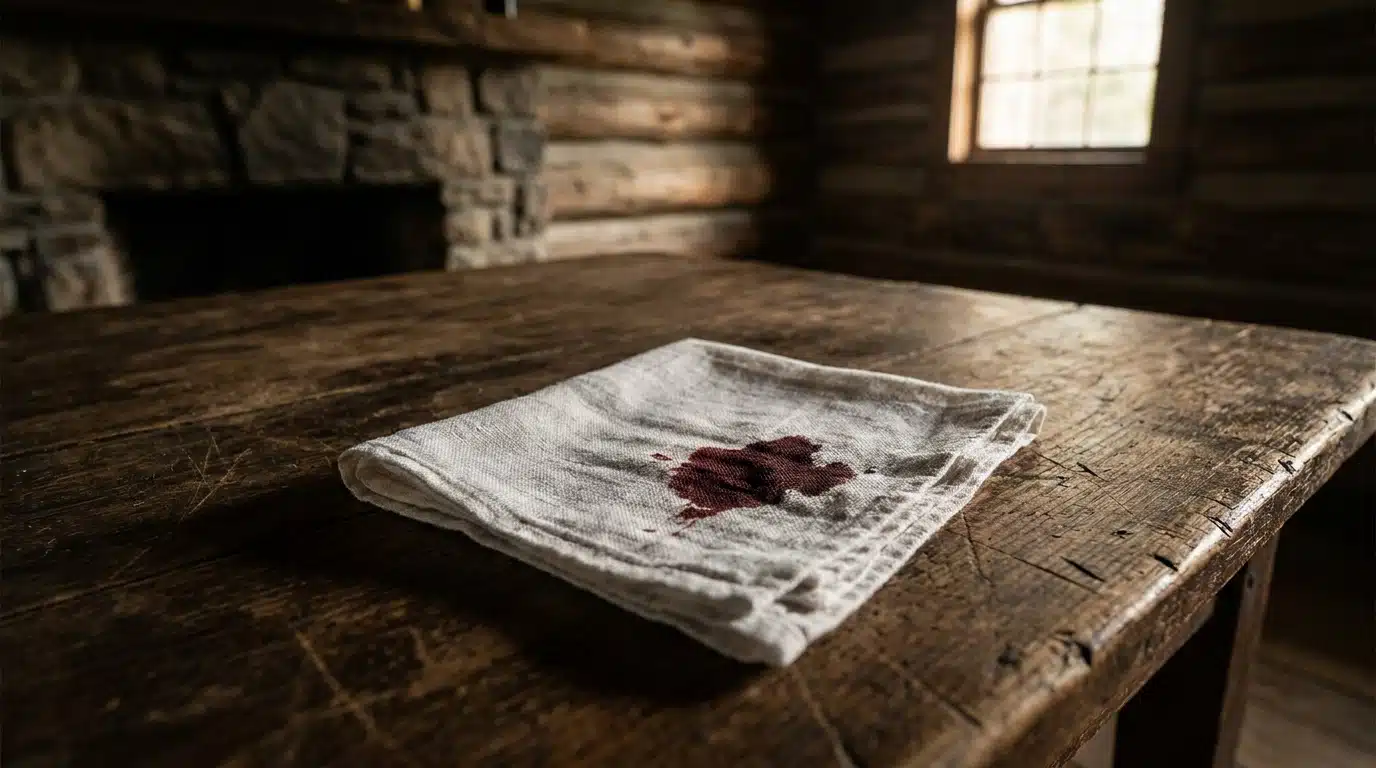 Mouchoir taché de sang posé sur un vieux meuble en bois dans un refuge de montagne