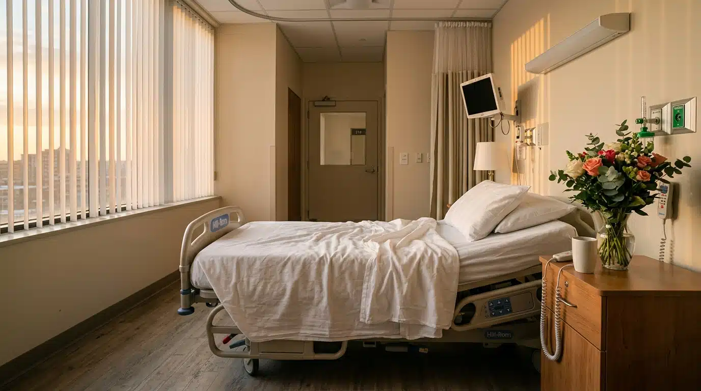 Chambre d'hôpital vide avec lit défait et fleurs au soleil couchant