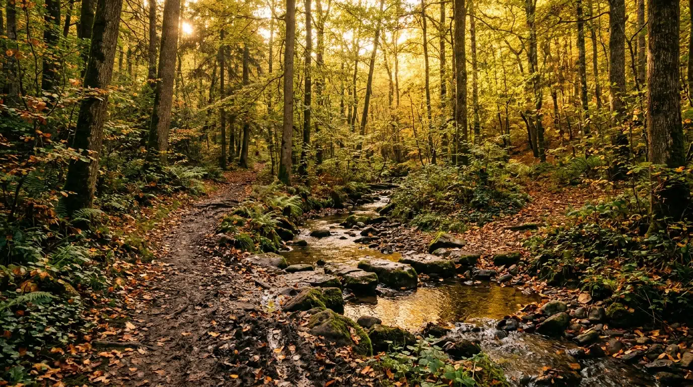 Sentier forestier avec ruisseau rocheux et lumière dorée de fin de journée