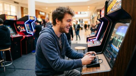 Joueur souriant devant une borne de jeu rétro