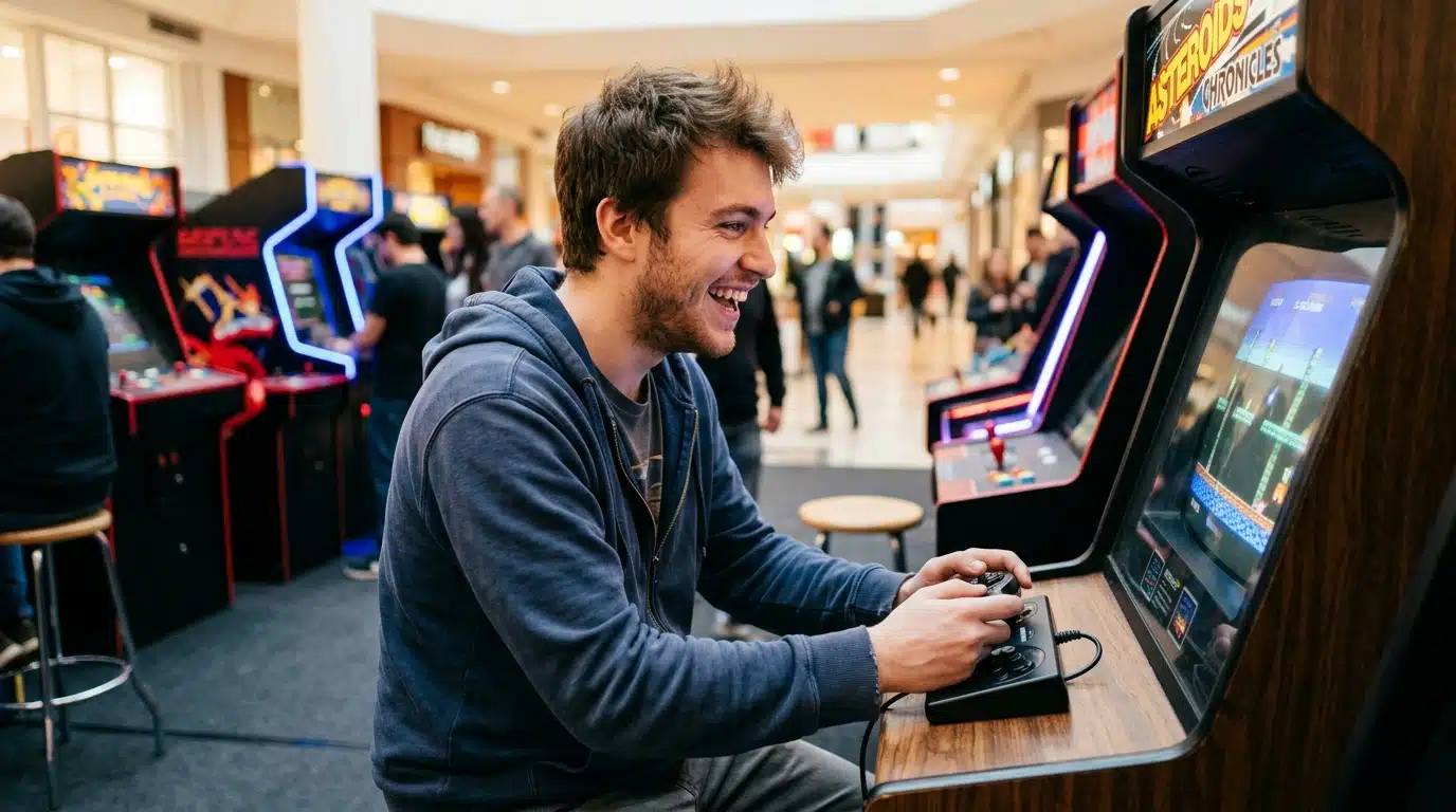 Joueur souriant devant une borne de jeu rétro