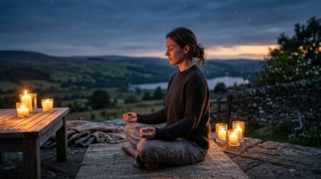 Femme méditant à la bougie sous un ciel étoilé