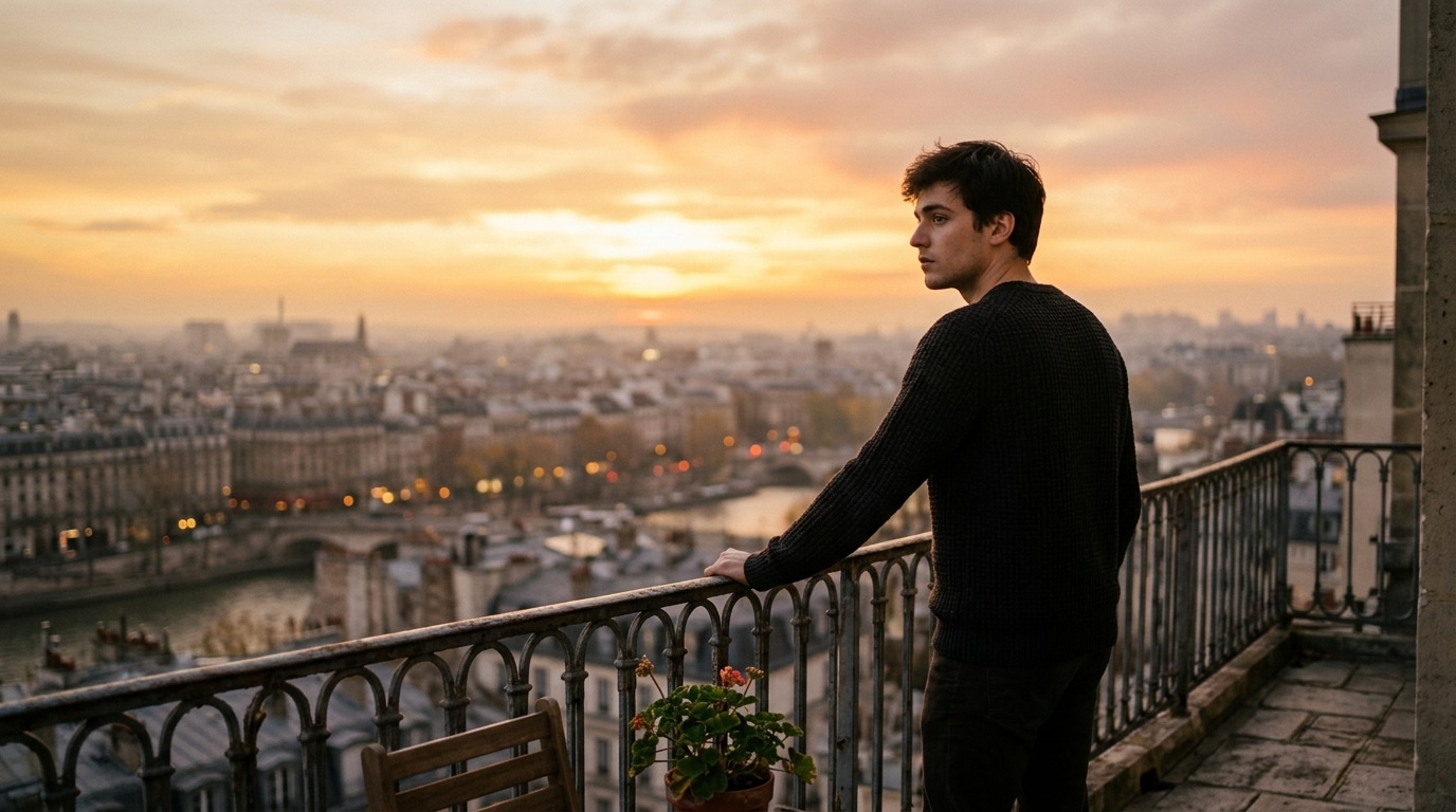 Homme contemplant un coucher de soleil brumeux doré