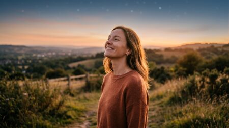 Femme apaisée au coucher du soleil symbolisant un tournant astral