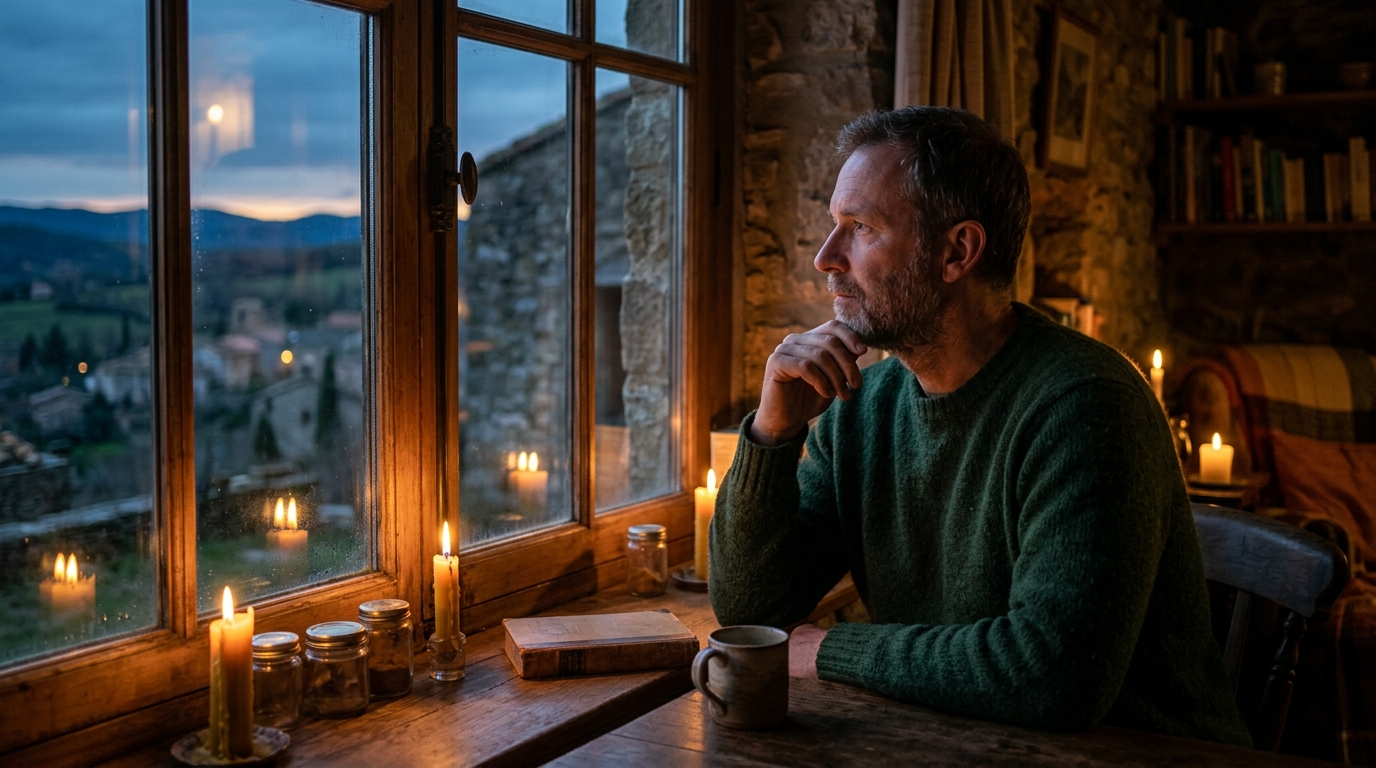 Homme pensif à la fenêtre dans une lumière dorée mystique