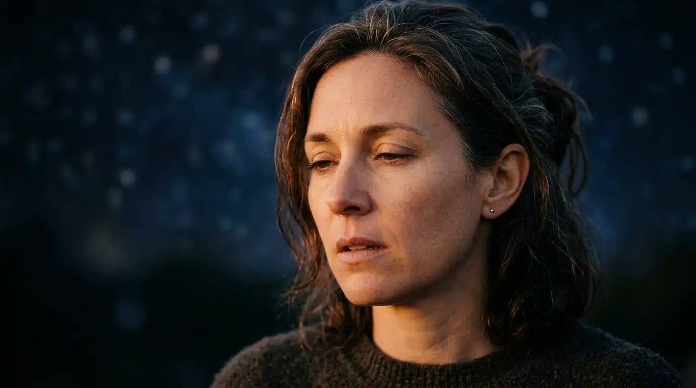Femme pensive éclairée sous un ciel étoilé symbolique