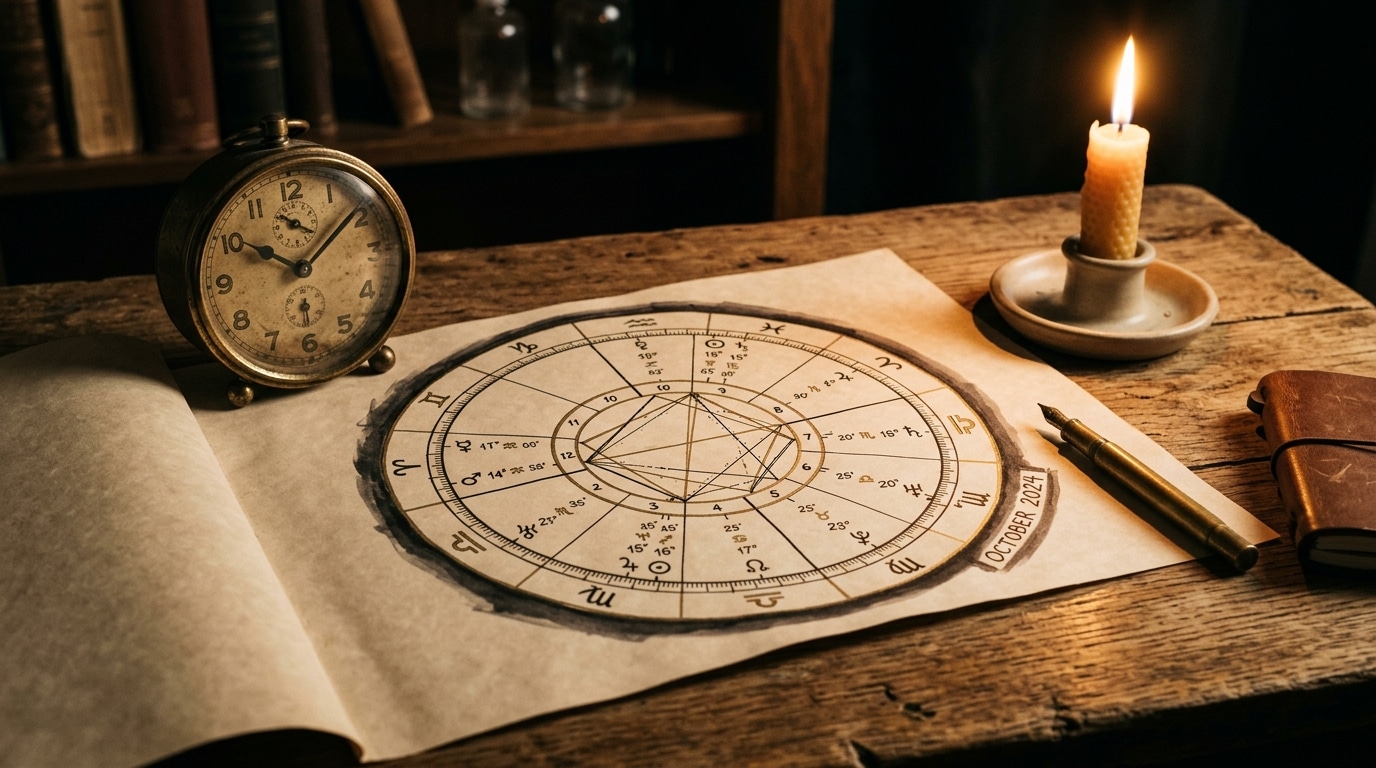 Roue astrologique et bougie sur bureau en bois