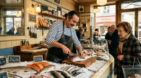 Poissonnier tranchant un poisson entier sur glace pilée