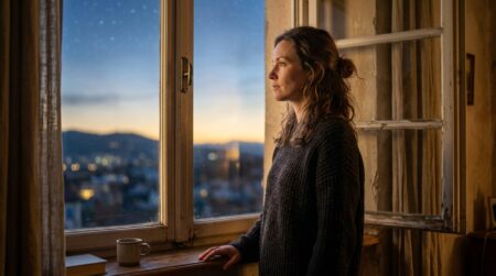 Femme pensive au lever du jour, ambiance mystique dorée