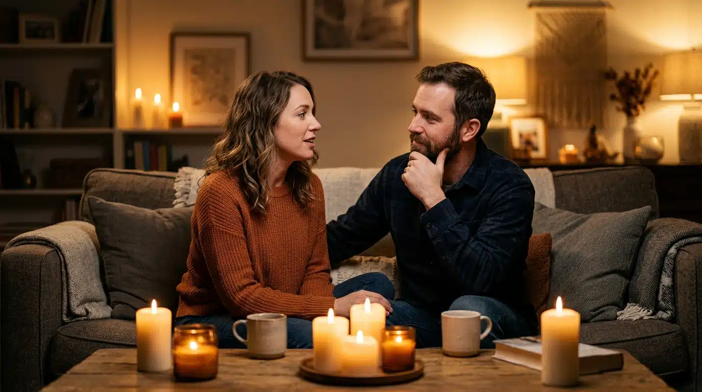 Couple en pleine conversation sincère dans une lumière chaude