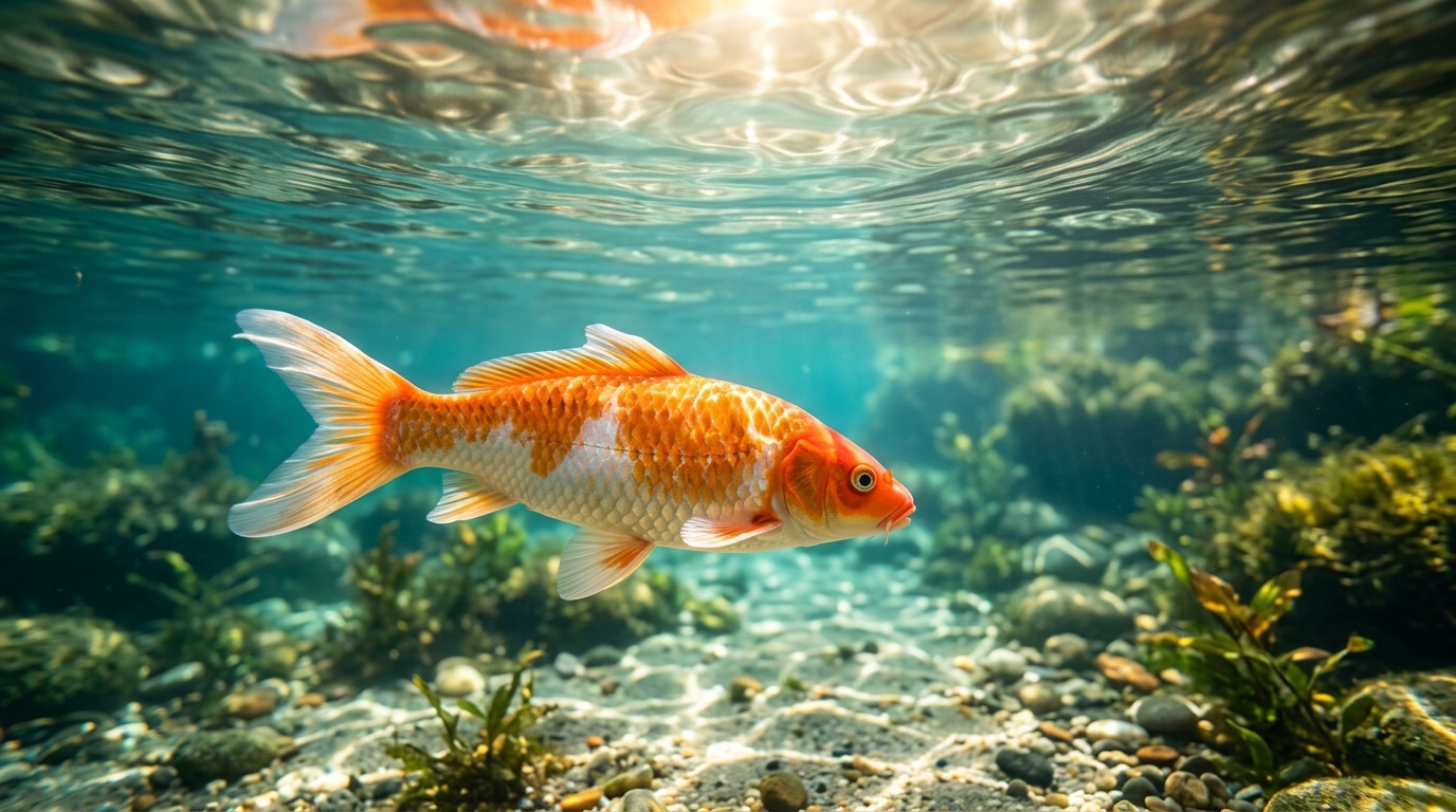 Poisson koi nageant dans une eau turquoise claire