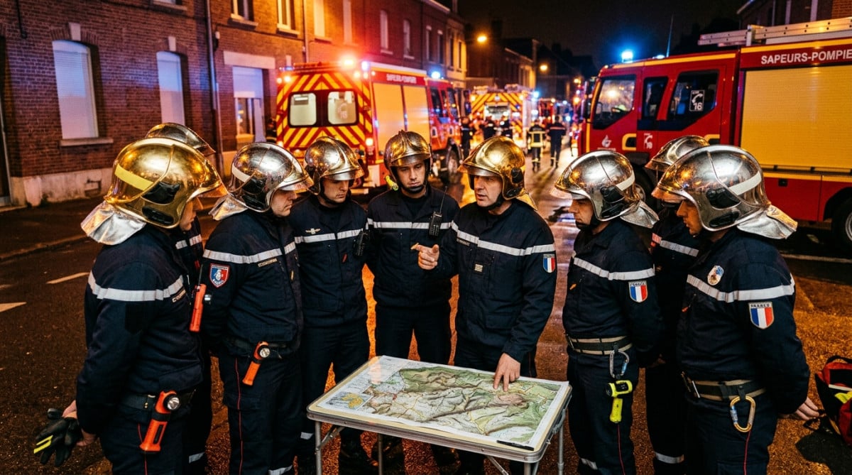 Pompiers français avec casques dorés et argentés lors d'un briefing