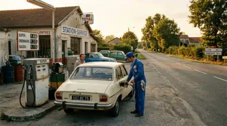Pompiste faisant le plein d'une Peugeot 504 en 1970