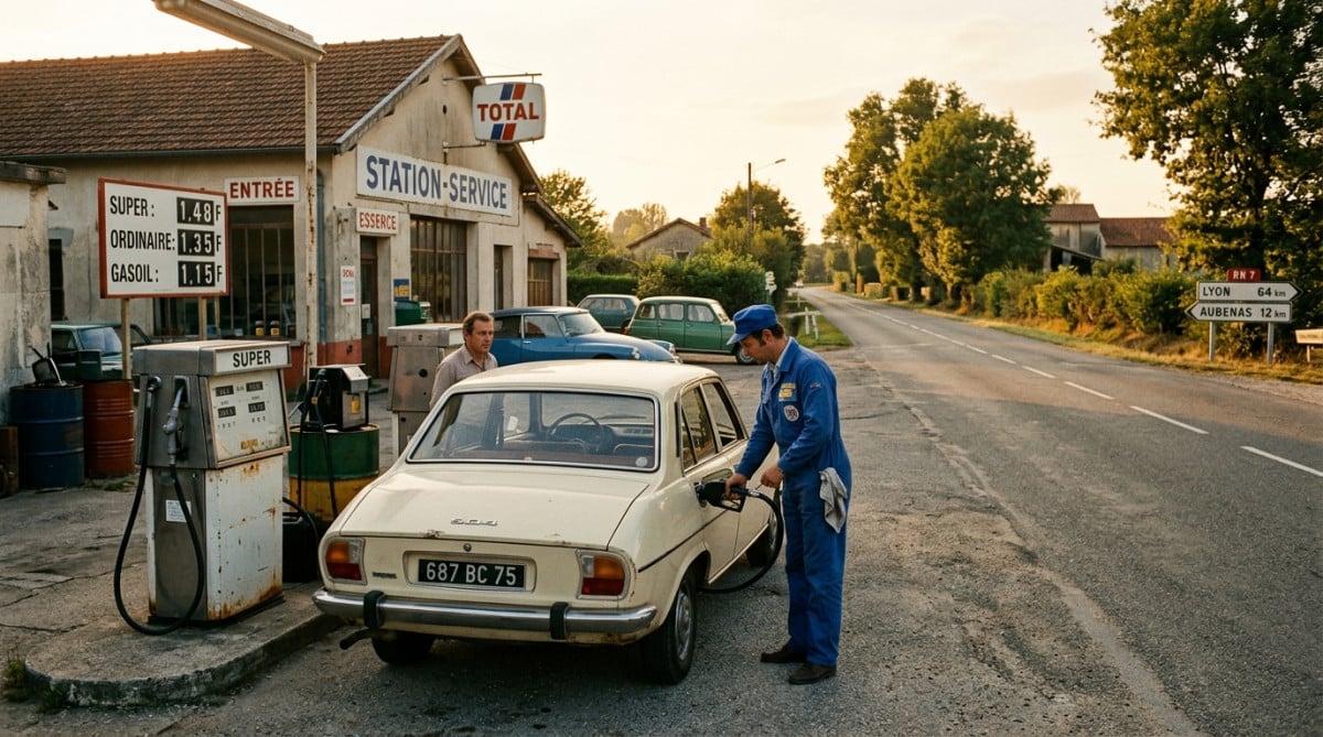 Pompiste faisant le plein d'une Peugeot 504 en 1970