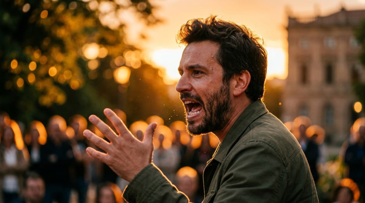 Portrait d'une personne parlant avec énergie en lumière dorée