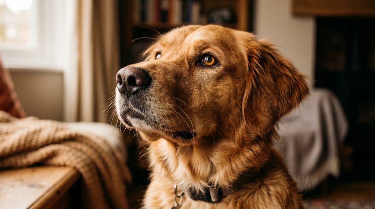 Portrait rapproché d'un chien reniflant l'air, truffe levée
