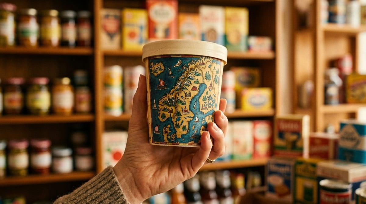 Pot de glace vintage avec carte scandinave sur l'emballage