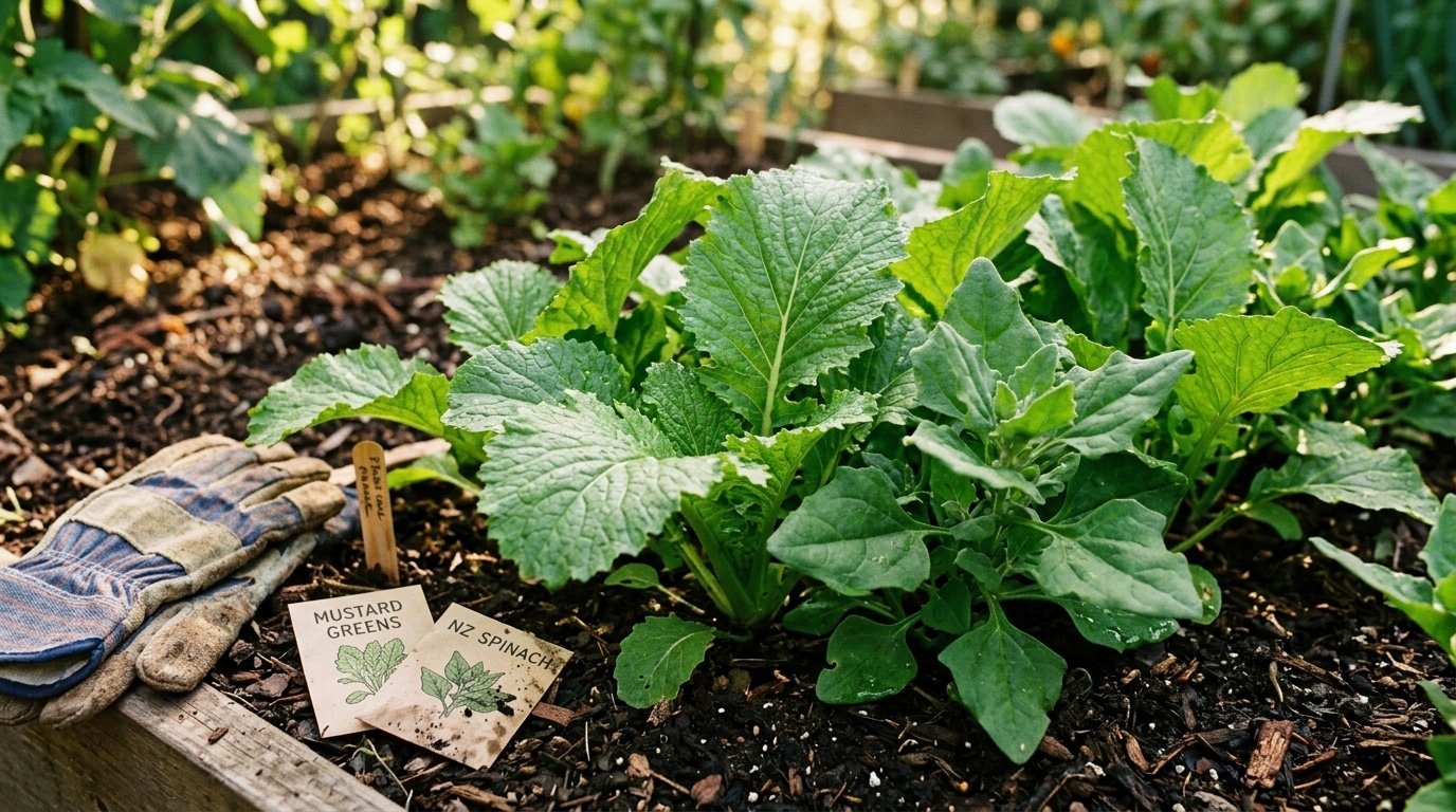 Jeunes feuilles de moutarde et tétragone dans le potager