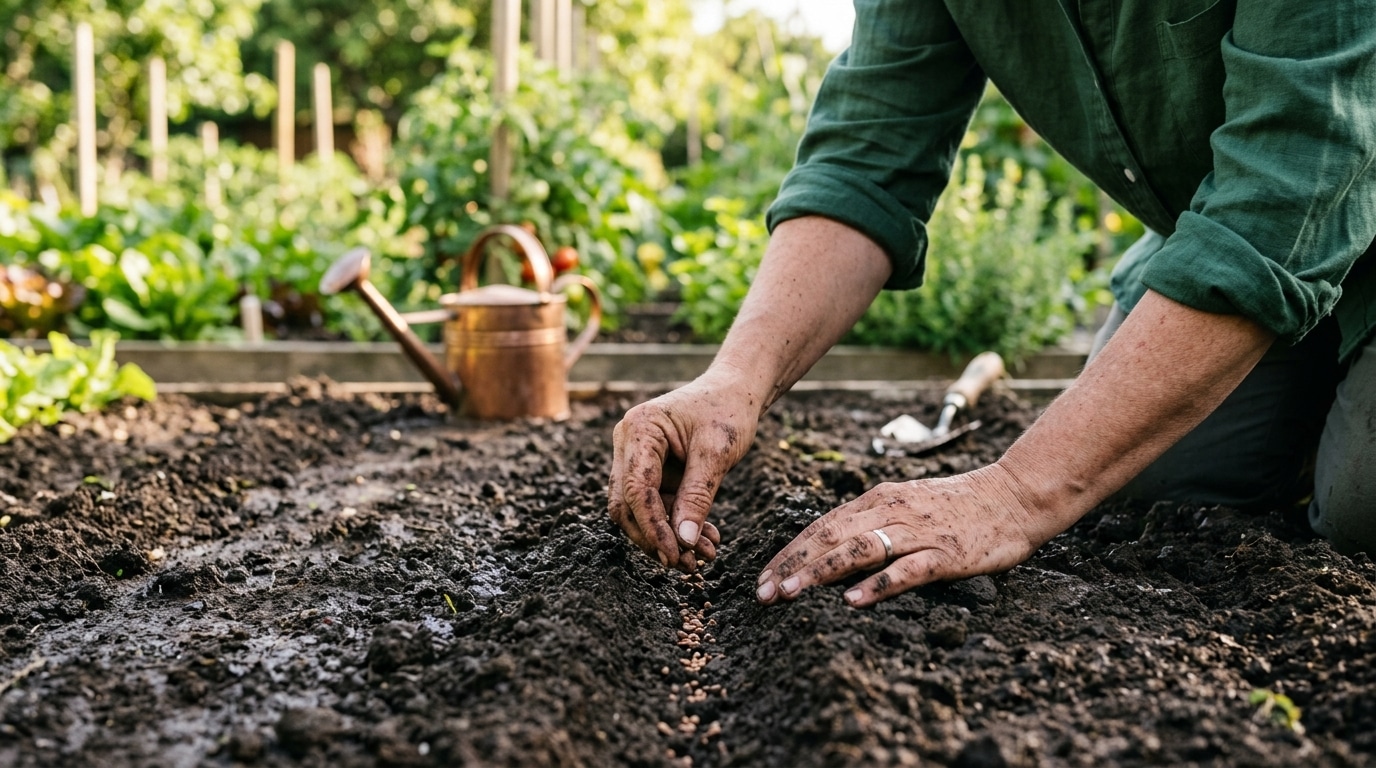 Mains semant des graines en lignes dans la terre