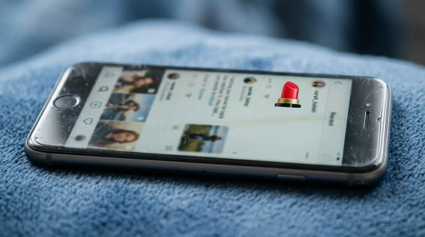 Écran de smartphone flouté avec icône de rouge à lèvres sur fond bleu