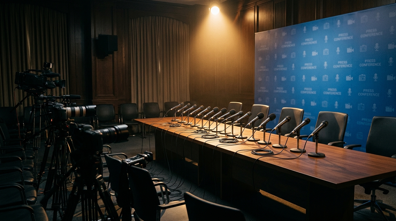 Salle de conférence de presse vide avant une annonce judiciaire