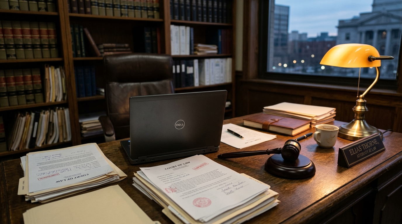Bureau d'avocat avec documents officiels et marteau de justice
