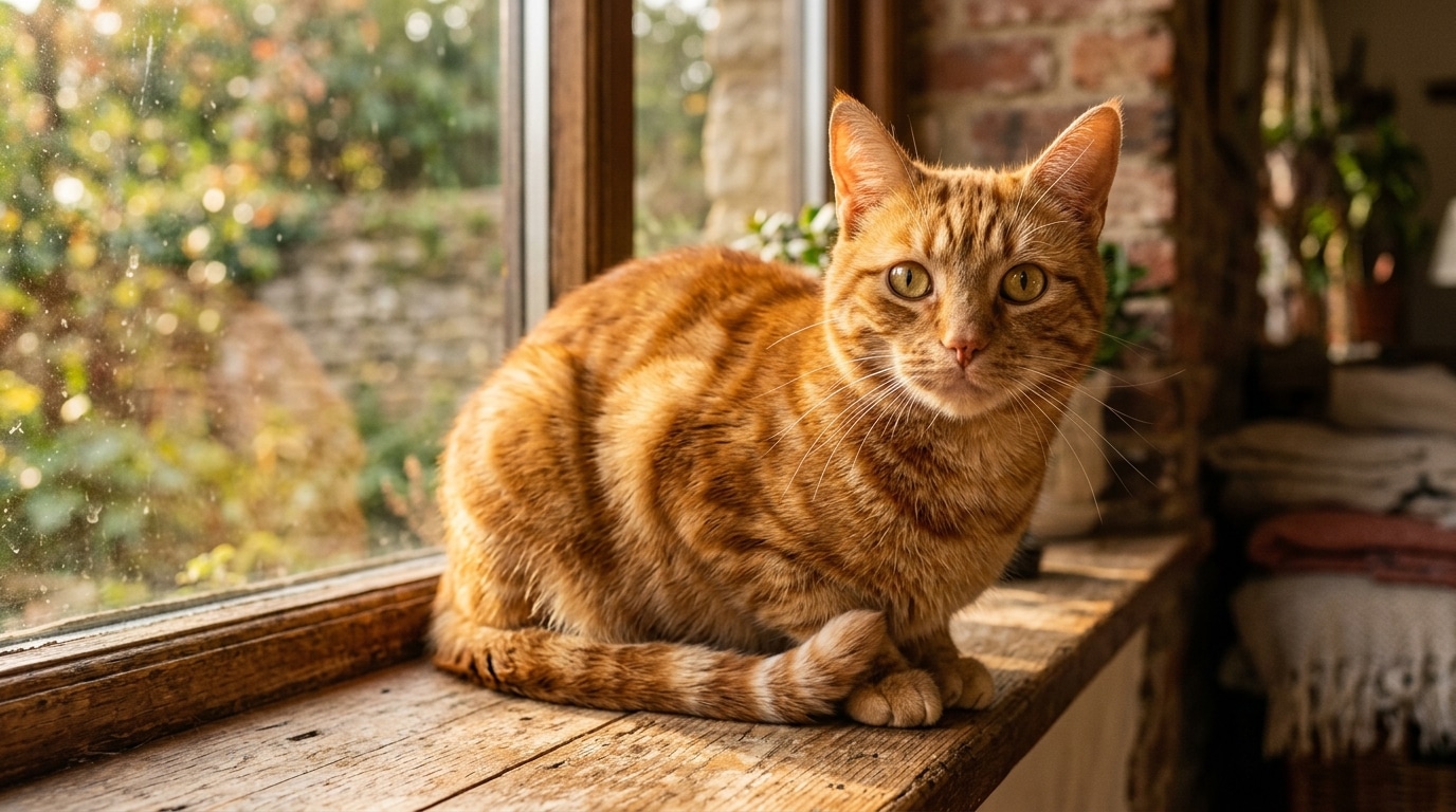 Chat roux au regard curieux près d'une fenêtre