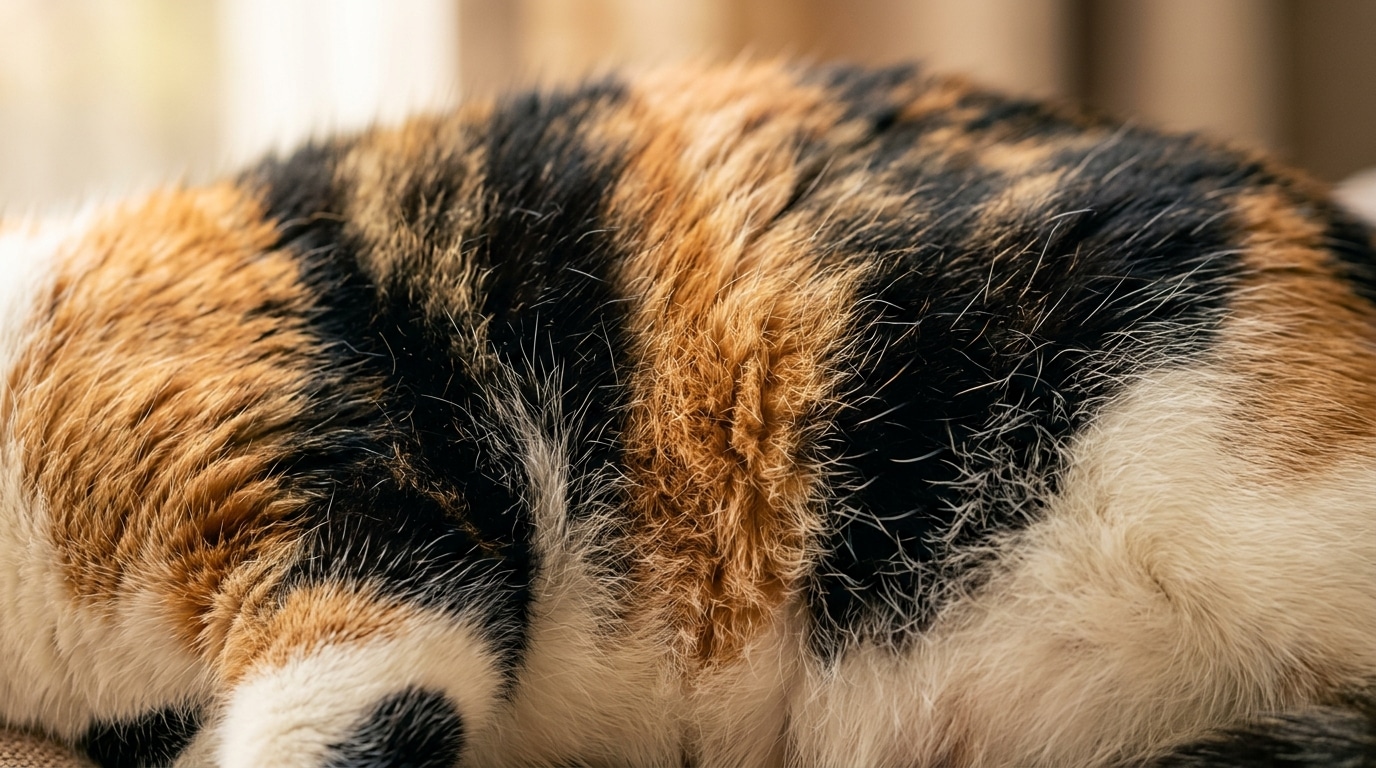 Gros plan sur le pelage calico d'un chat