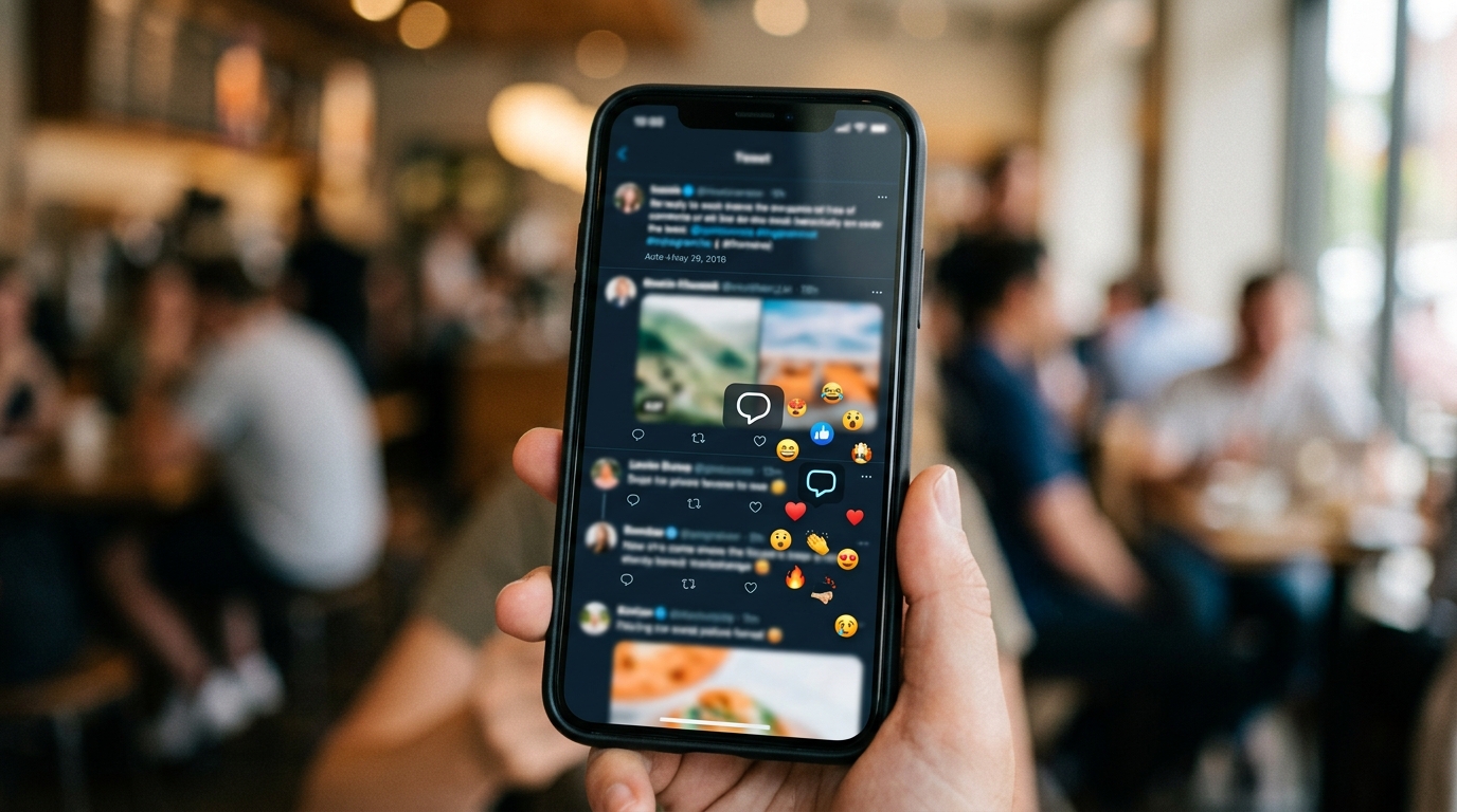Smartphone affichant un fil de réseau social flouté avec bulles de réaction