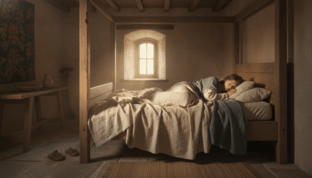 Personne dormant dans un lit médiéval au petit matin