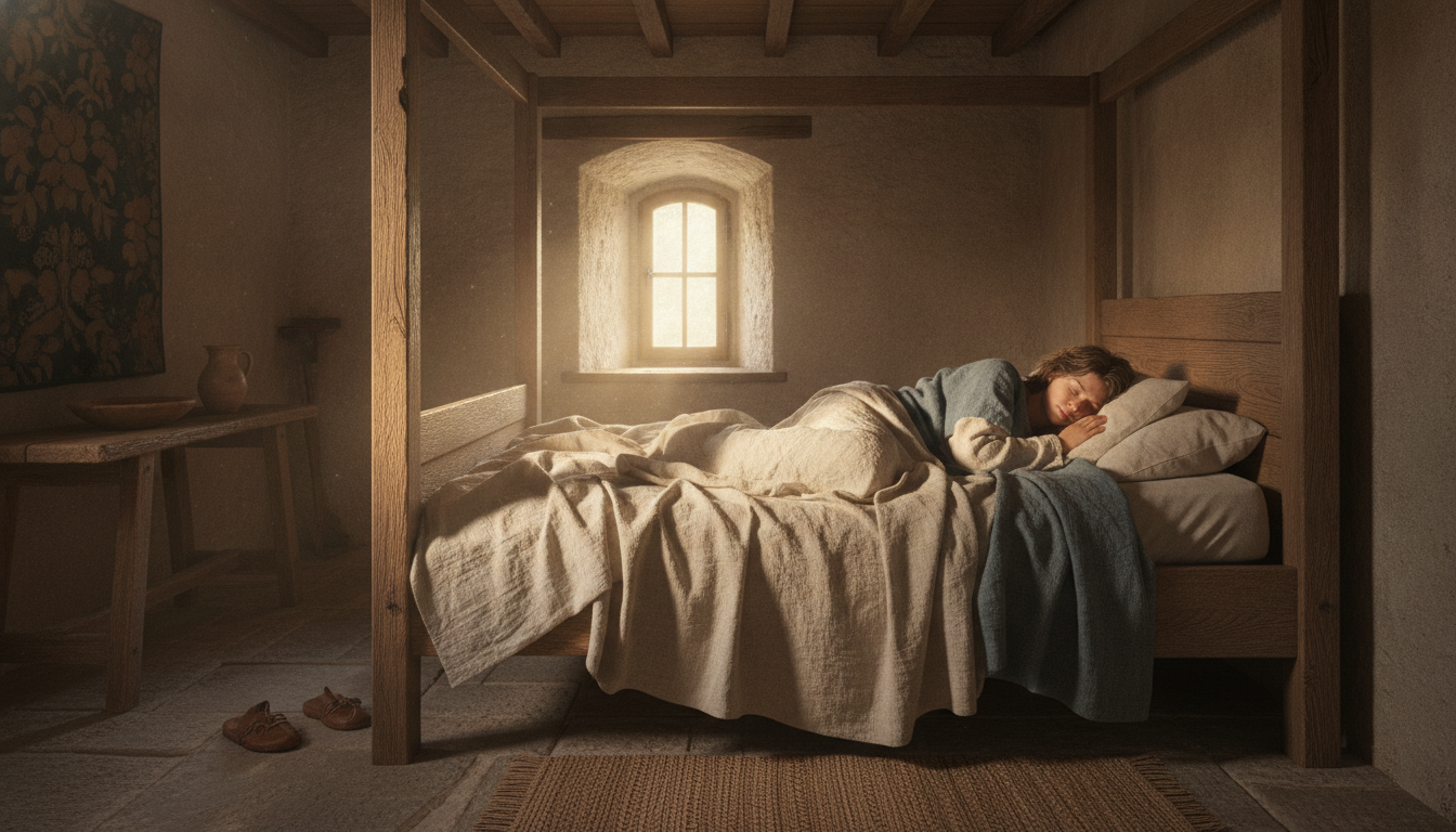 Personne dormant dans un lit médiéval au petit matin