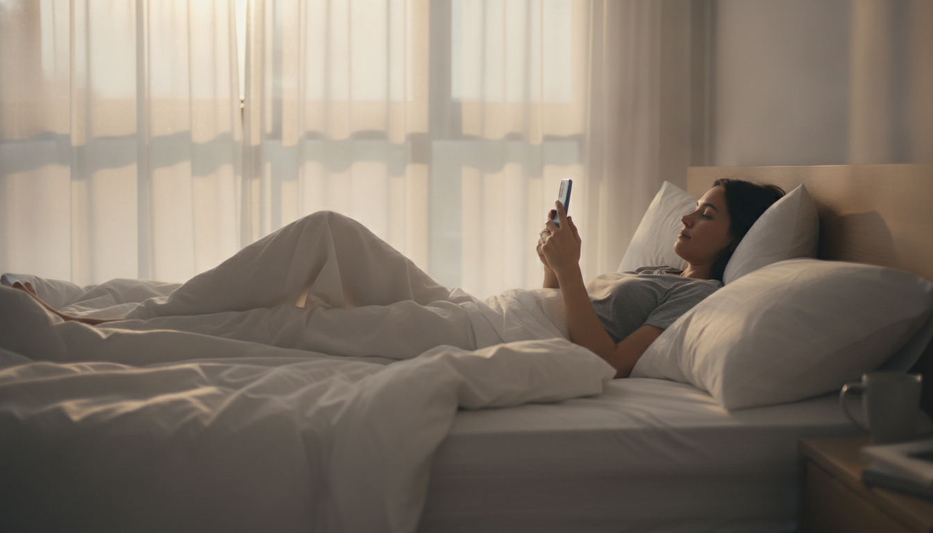 Personne profitant d'une grasse matinée dans un lit moderne