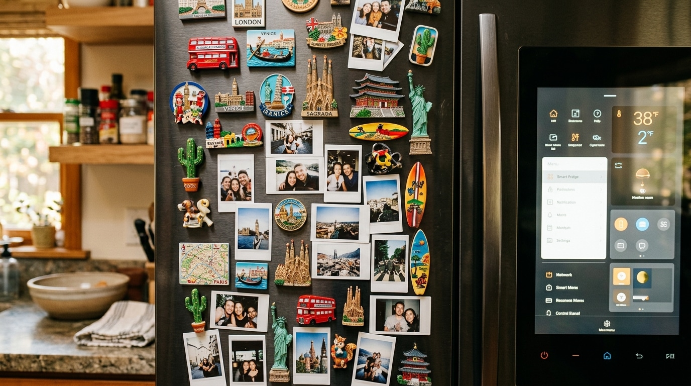 Frigo connecté couvert de magnets colorés en cuisine