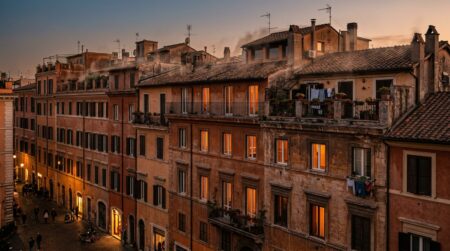 Façade d'immeuble urbain dégageant une chaleur intense au crépuscule