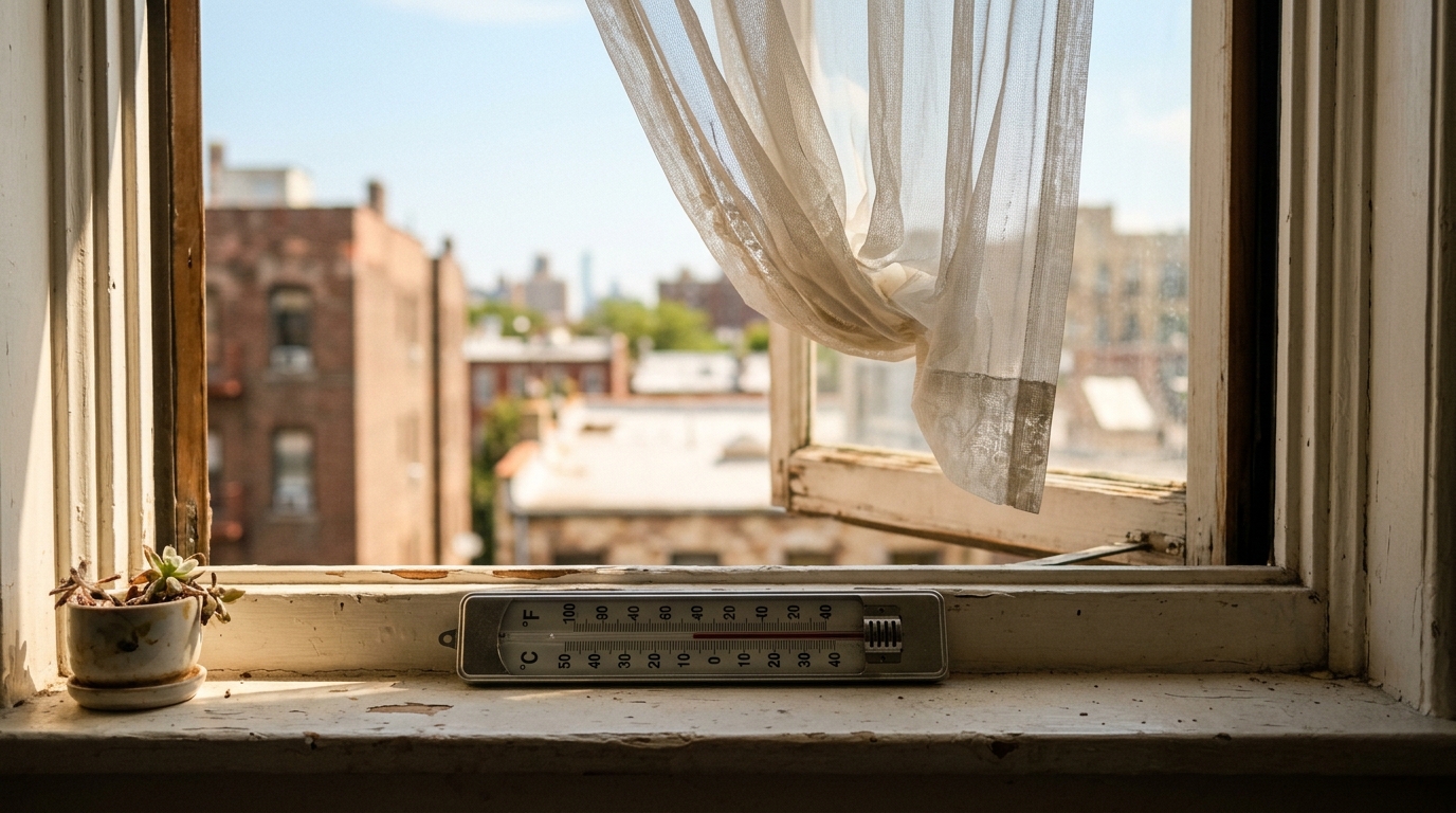 Thermomètre sur un rebord de fenêtre dans un appartement surchauffé