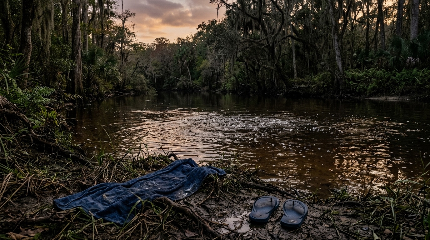 Rivière trouble en forêt de Floride au crépuscule