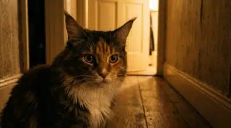 Maine Coon aux yeux grands ouverts dans un couloir sombre la nuit