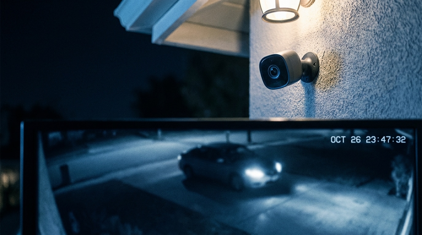 Caméra de surveillance braquée sur une allée de maison la nuit