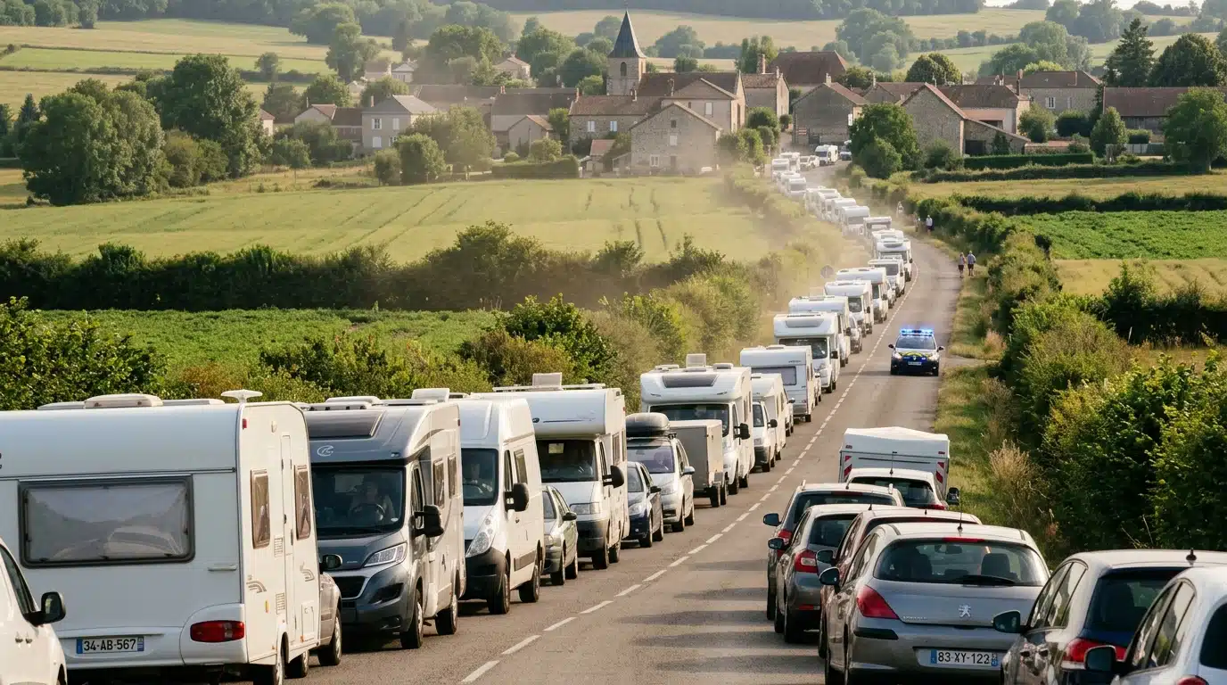 Embouteillage de caravanes sur une route de campagne