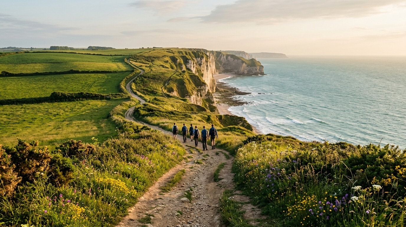 Sentier côtier normand au coucher du soleil