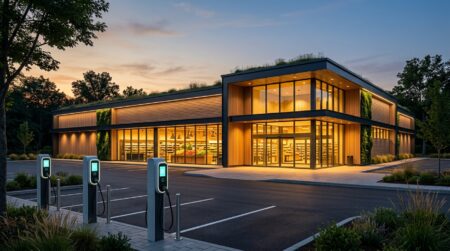 Façade illuminée d'un supermarché moderne au crépuscule