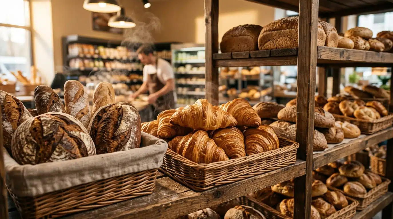 Pains et viennoiseries fraîchement cuits sur étagère