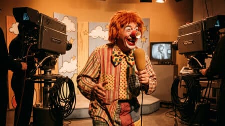 Présentateur télé habillé en clown dans un studio des années 60
