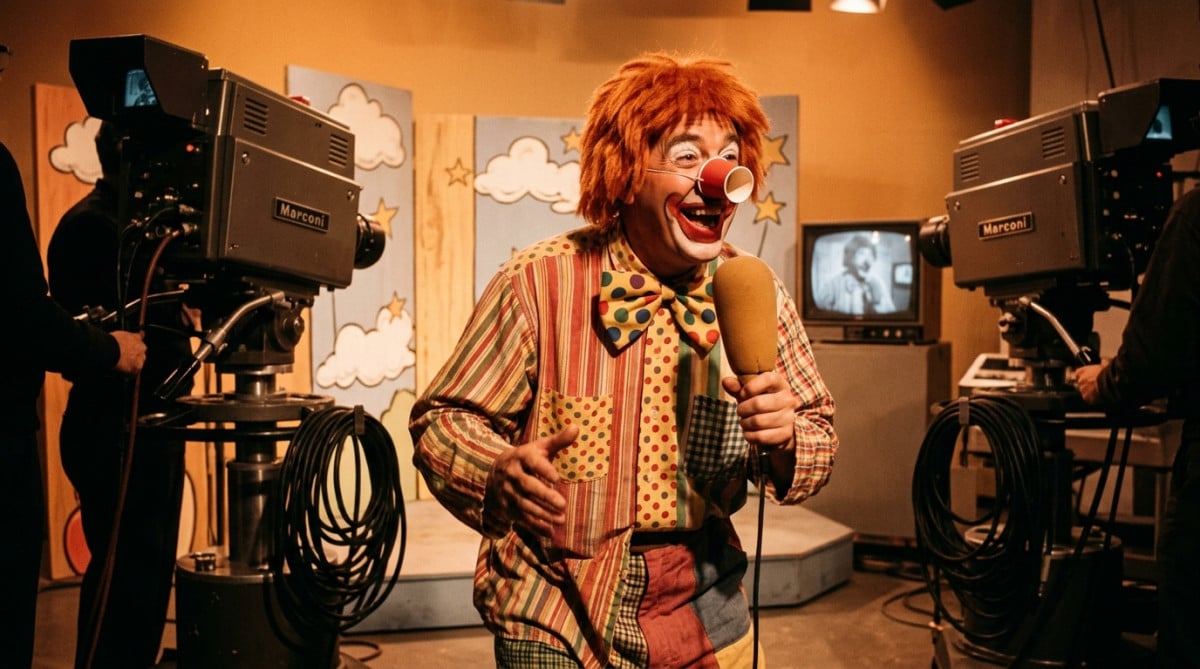 Présentateur télé habillé en clown dans un studio des années 60