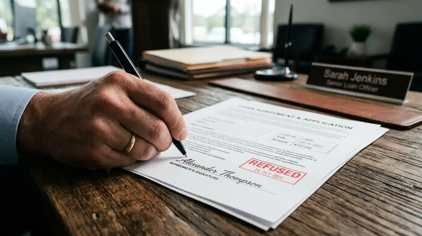Document de prêt bancaire tamponné refusé sur un bureau