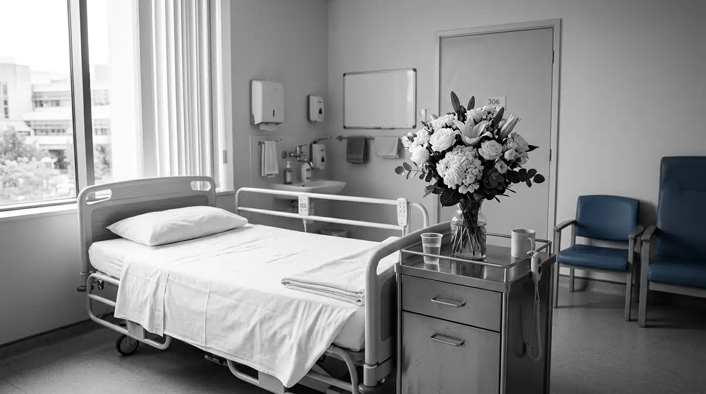 Chambre d'hôpital vide avec des fleurs blanches sur la table de chevet, ambiance en noir et blanc
