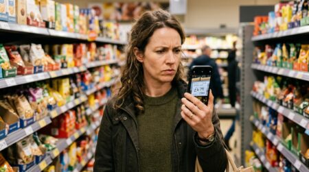 Cliente vérifiant un prix en rayon avec son téléphone