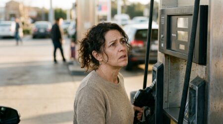 Automobiliste inquiet devant afficheur de prix essence