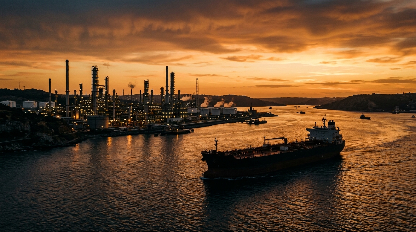 Pétrolier et raffinerie au coucher du soleil